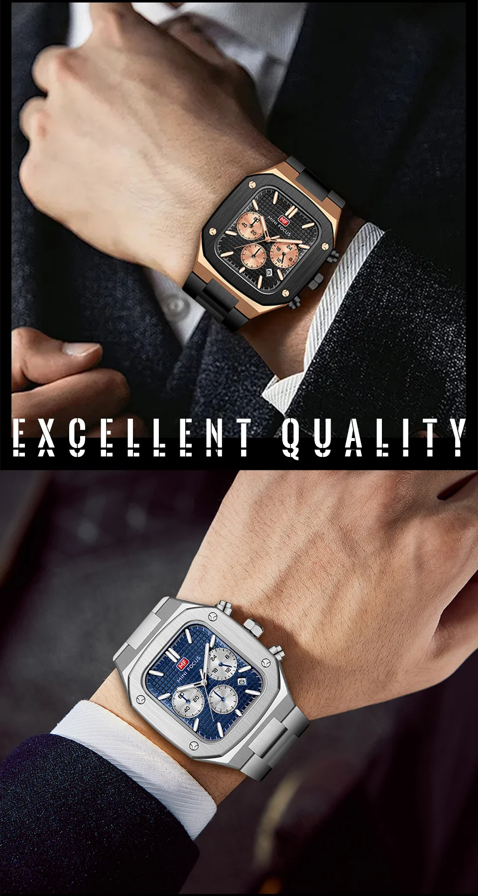 Stylish Luxury Quartz Watch for Men – Rose Gold Blue Chronograph by MINI FOCUS Factory Wholesale Supplier