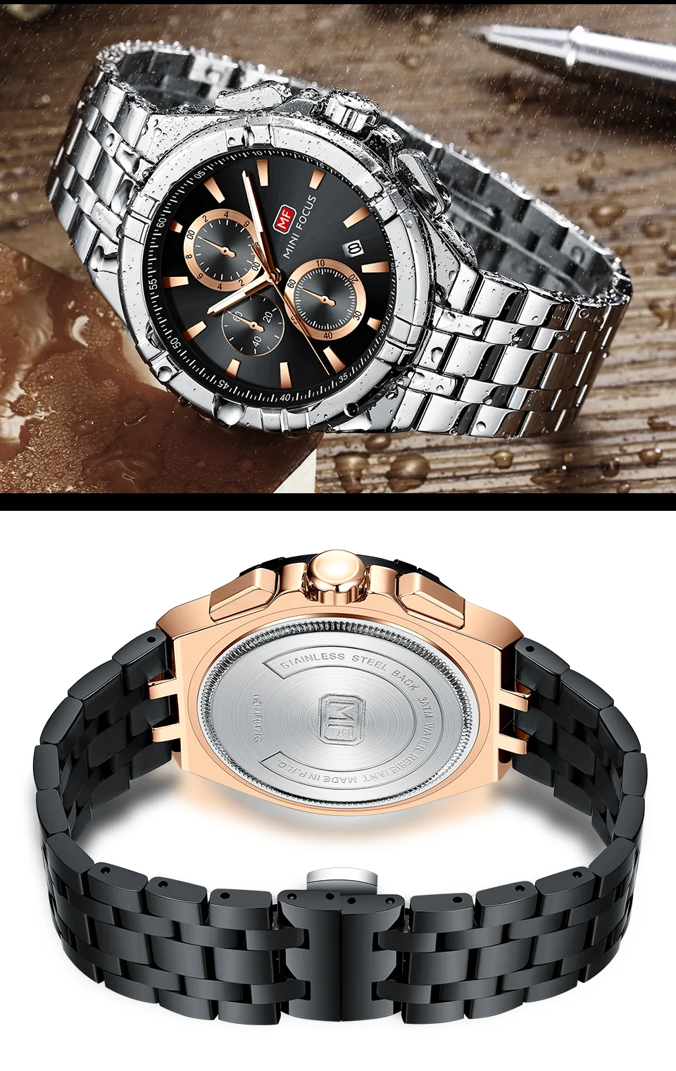 Mini Focus Top Sale Men’s Sports Chronometer Quartz Watch with Stainless Steel Band for Wholesale