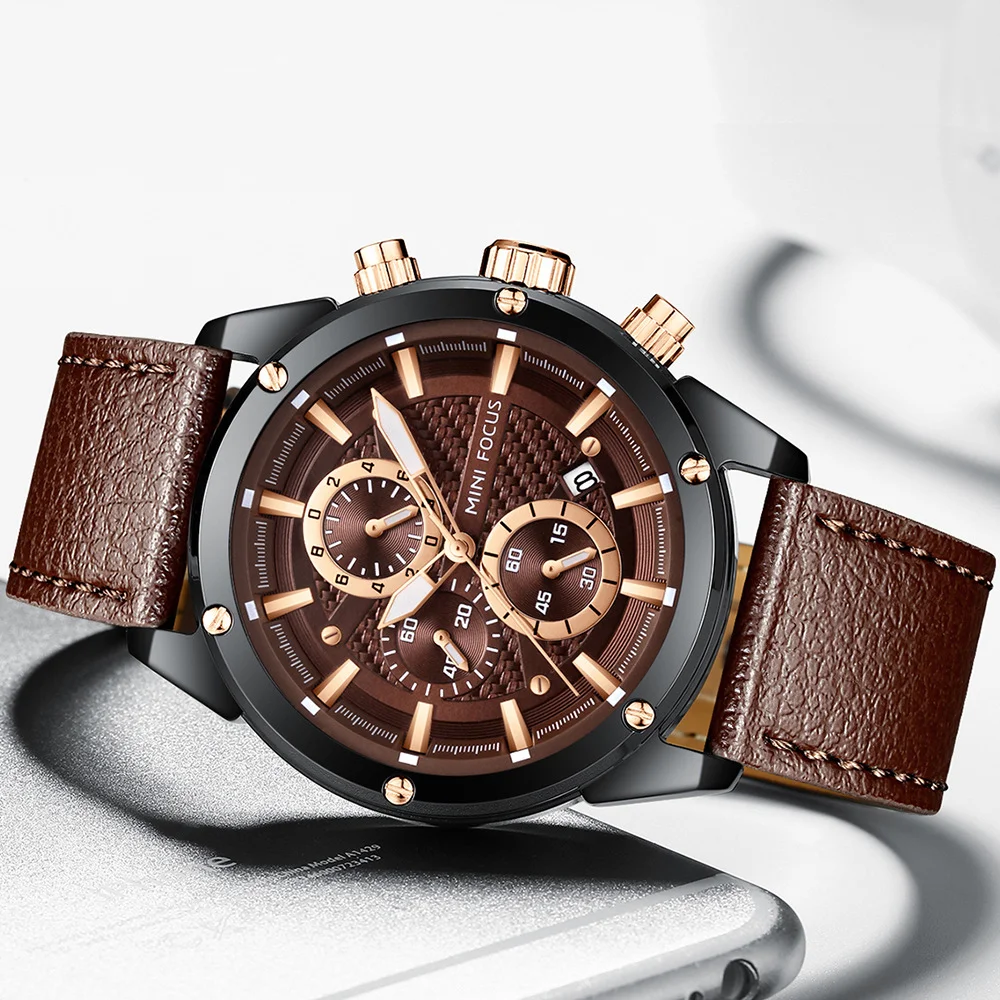 MINI FOCUS MF0161G Men’s Chronograph Quartz Watch | Three Eye Six Needle | High-Quality Leather Strap, Alloy Case