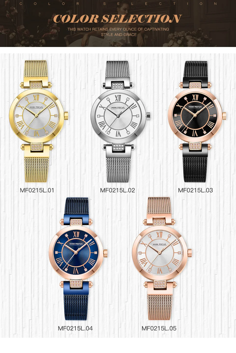 Mini Focus MF0215L Ladies Luxury Diamond Quartz Watch | Golden Mesh Strap | Waterproof Factory Wholesale