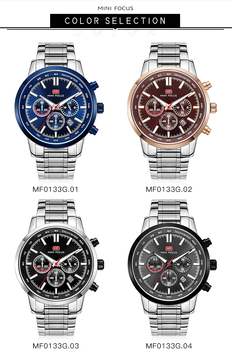 MINI FOCUS MF0133G Men’s Quartz Sports Watch | Stainless Steel, Calendar, Waterproof, Factory Wholesale