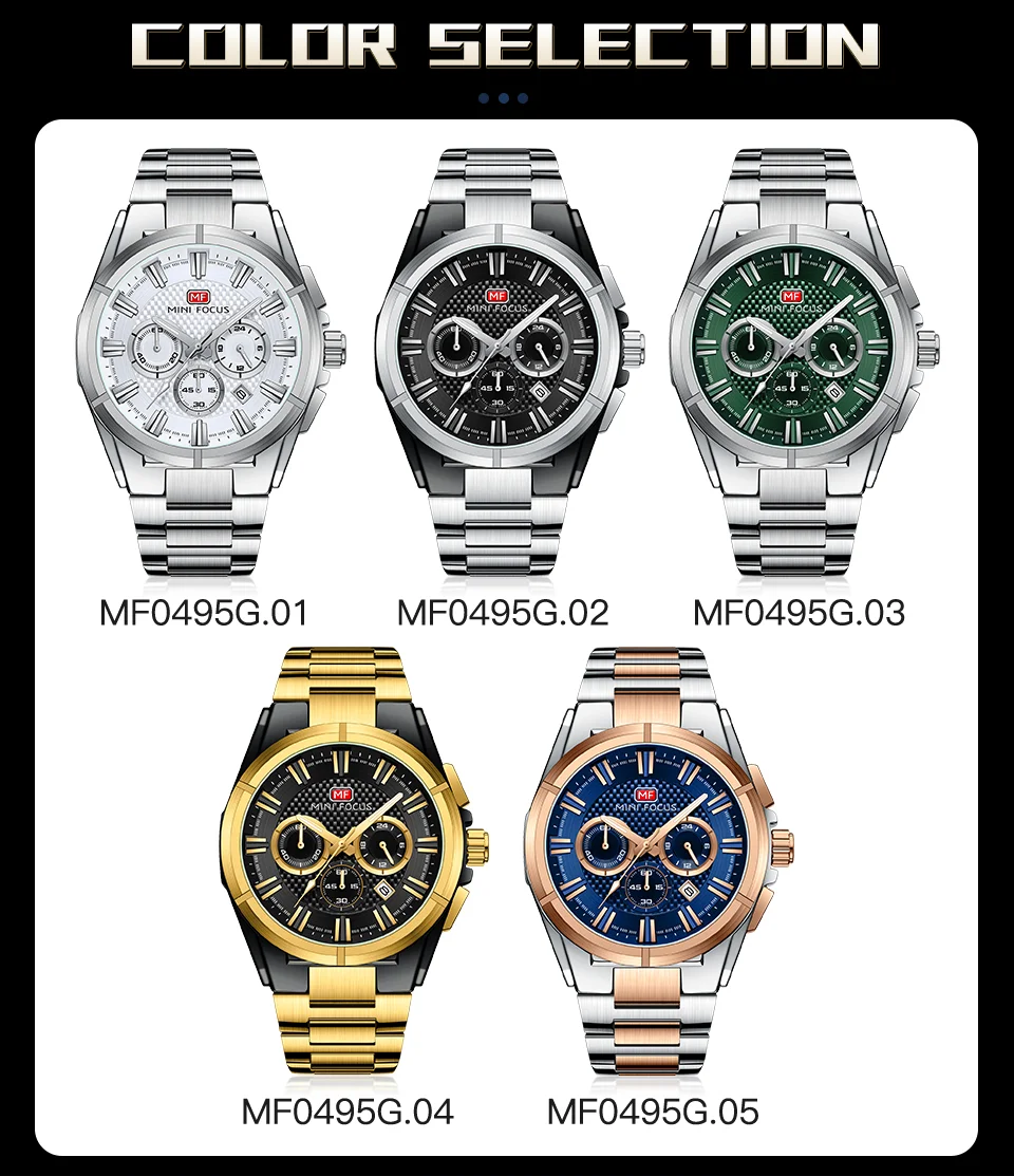 Mini Focus MF0495G Men Chronograph Sport Watch Waterproof Stainless Steel Strap Wristwatch Manufacturer