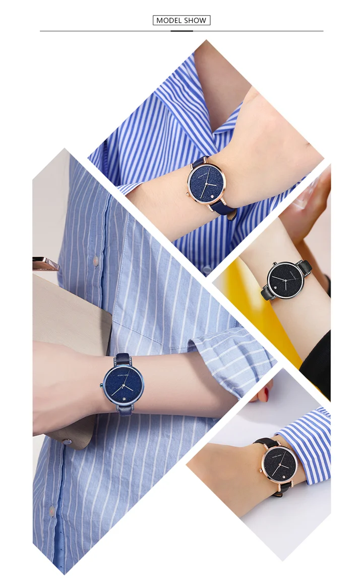 MINI FOCUS MF0159L Women’s Luxury Quartz Watch | Blue Leather Strap Elegant Iced-Out Ladies Wrist Watch with Box