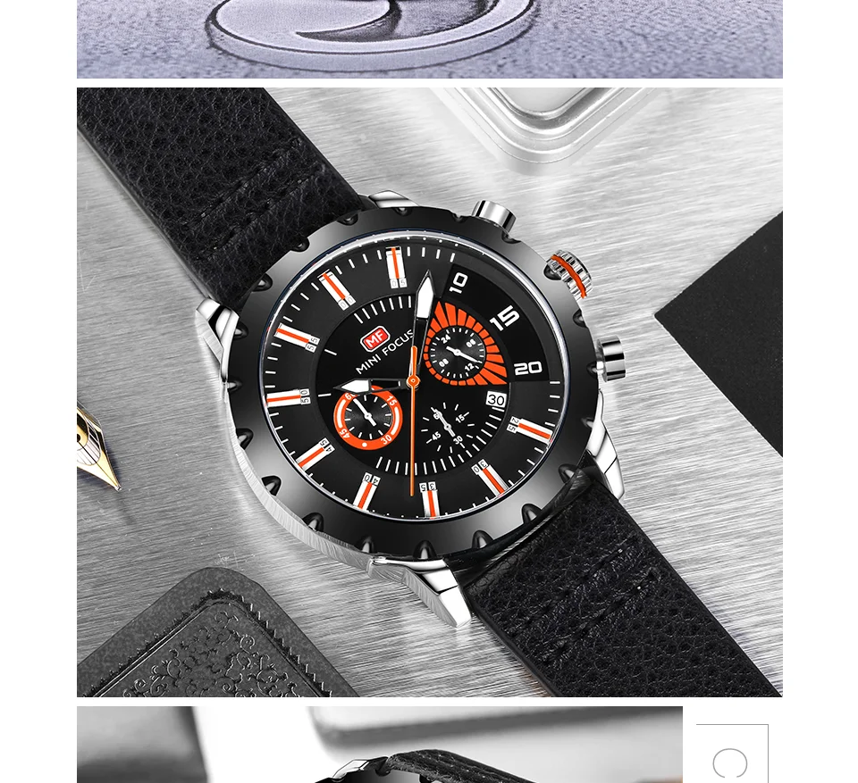 Mini Focus MF0079G Luxury Men's Chronograph Watch | Big Dial Leather Strap Quartz Business Wristwatch OEM Wholesale