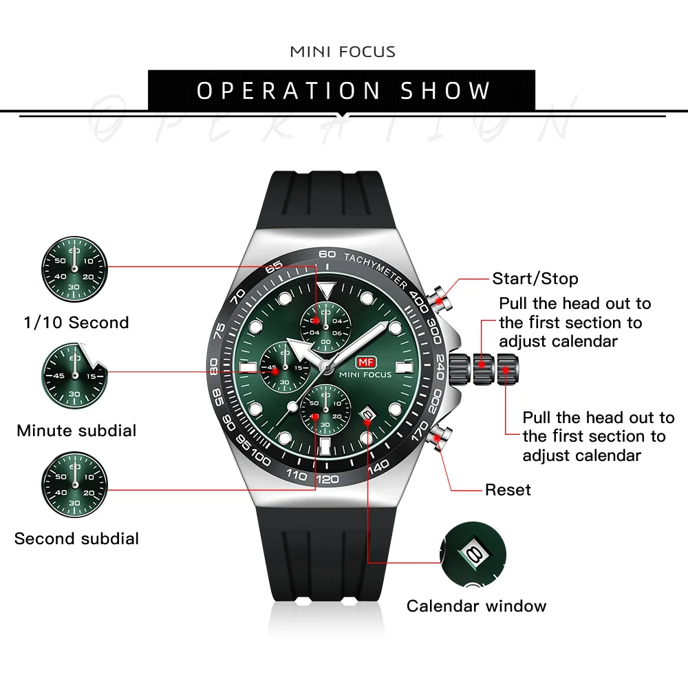 MINI FOCUS Dial Date Men’s Chronograph Sports Quartz Watch with Silicone Strap for Wholesale