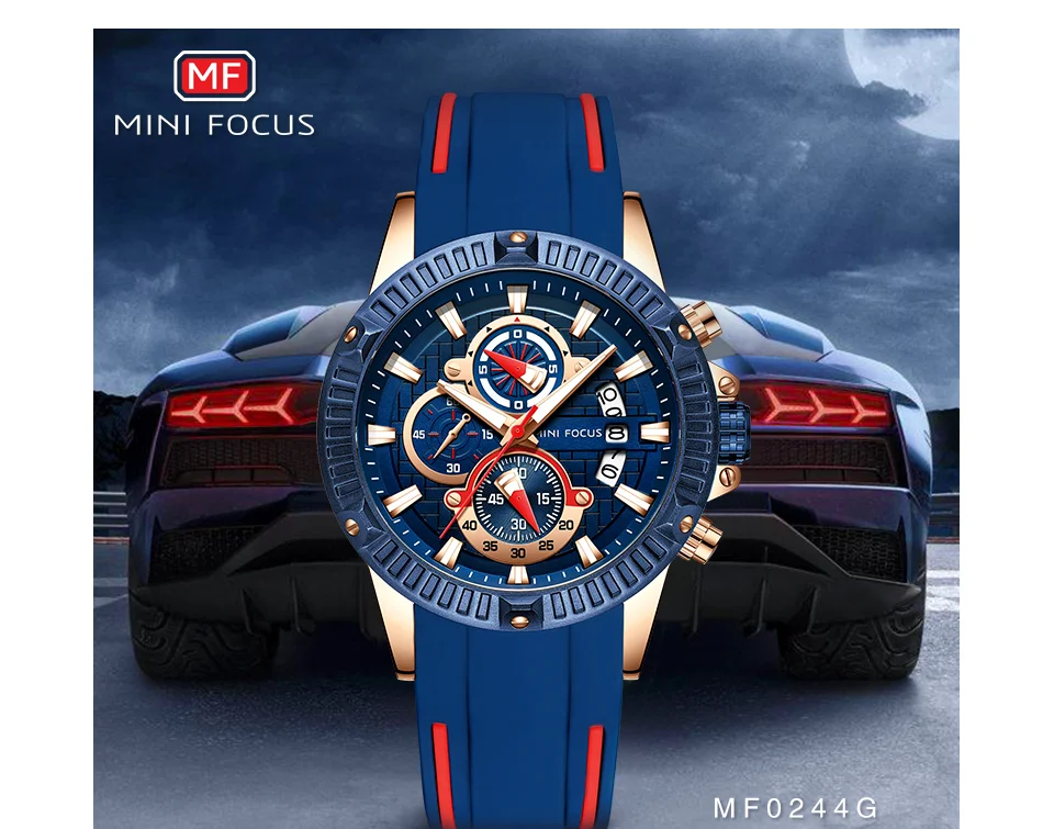 Mini Focus MF0244G Men’s Fashion Sports Watch | Waterproof Quartz Rubber Strap Timepiece