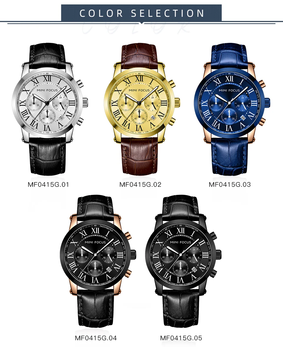 Fashion Leather Chronograph Watch for Men Classic Quartz Wristwatch by MINI FOCUS Wholesale 
