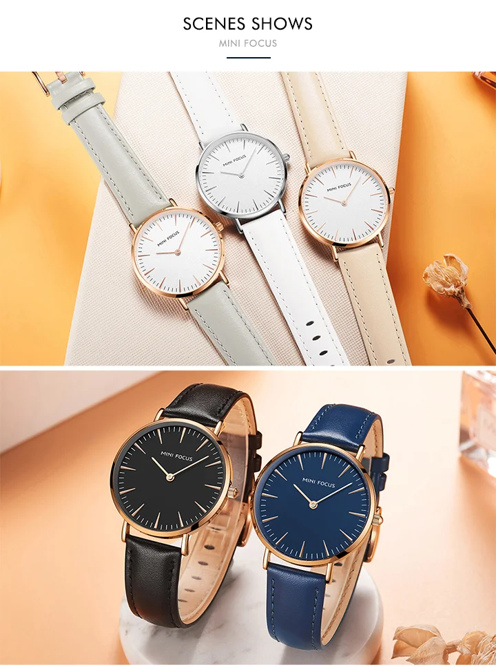 MINI FOCUS Hot Sell Blue Lady Quartz Watch Excel Leather Band Waterproof Analog Display Big Casual Hand Watch