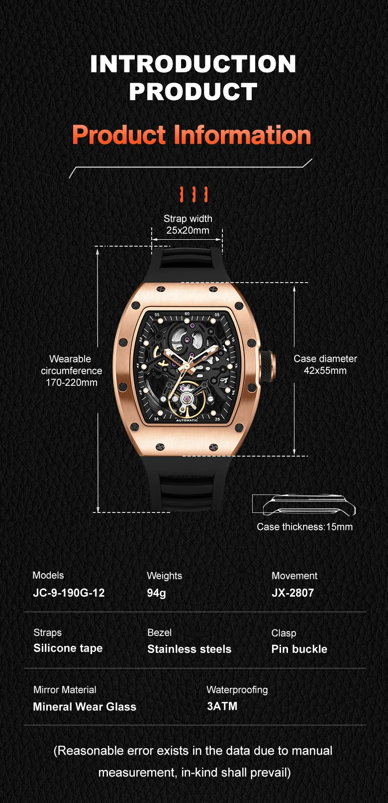 CHANCE 919012 Men’s Luxury Mechanical Watch – Carbon Fiber Case, Skeleton Dial, Waterproof Design