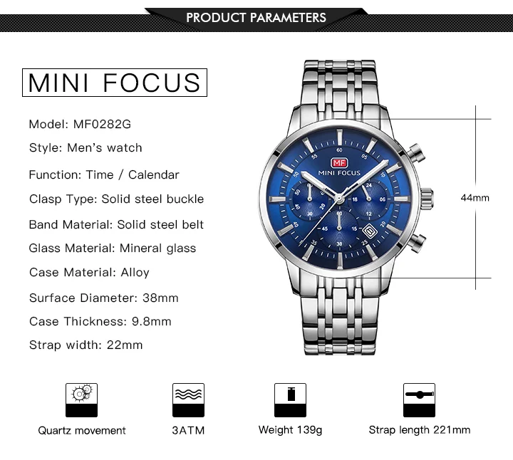 Stylish Men's Chronograph Quartz Watch with Luminous Hands | Waterproof Stainless Steel Dress Watch by Mini Focus