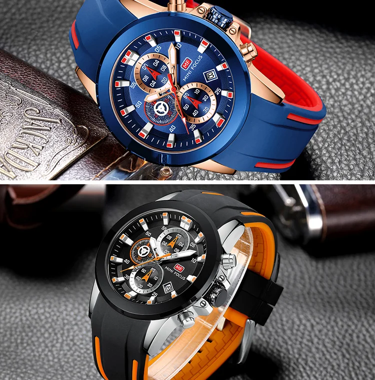 Mini Focus Sports Quartz Watch | Blue Chronograph with Silicone Band & Date Display for Men