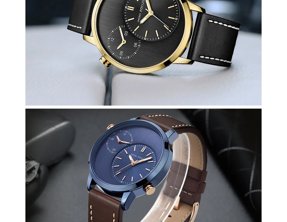 Mini Focus MF0035G Men’s Business Watch | Blue Dial Leather Strap Quartz Calendar | China Factory Wholesale