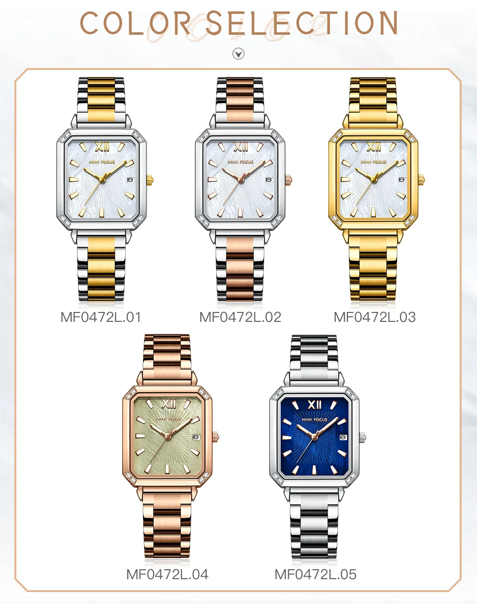 Elegant Square Ladies Watch – MINI FOCUS MF0472L Stainless Steel Strap Date Display Quartz Wristwatch