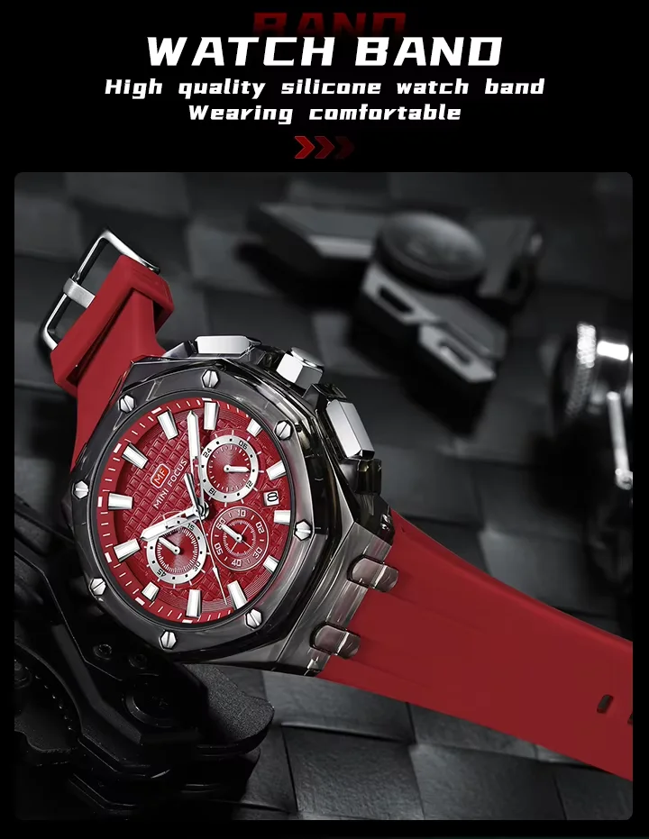 MINI FOCUS MF0616G Men's Sports Watch Cool Design, Waterproof Plastic Case, Silicone Strap Quartz Watch