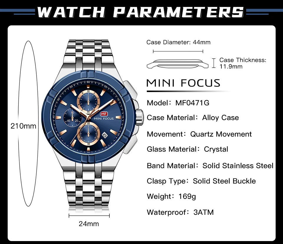 Mini Focus Top Sale Men’s Sports Chronometer Quartz Watch with Stainless Steel Band for Wholesale