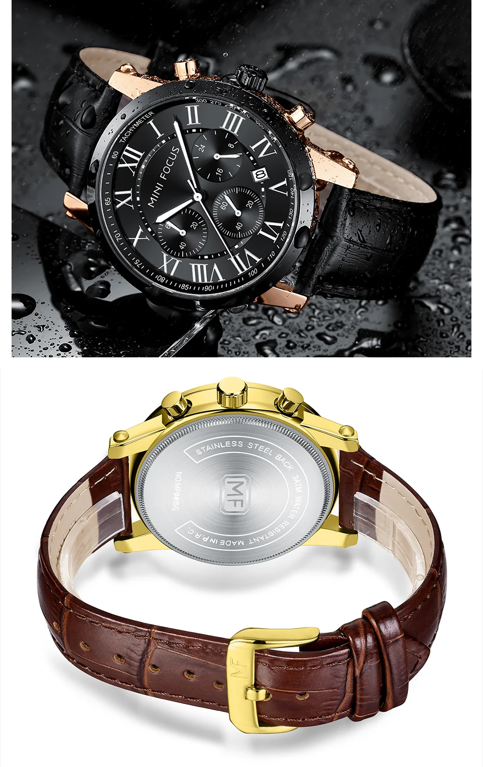 Fashion Leather Chronograph Watch for Men Classic Quartz Wristwatch by MINI FOCUS Wholesale 