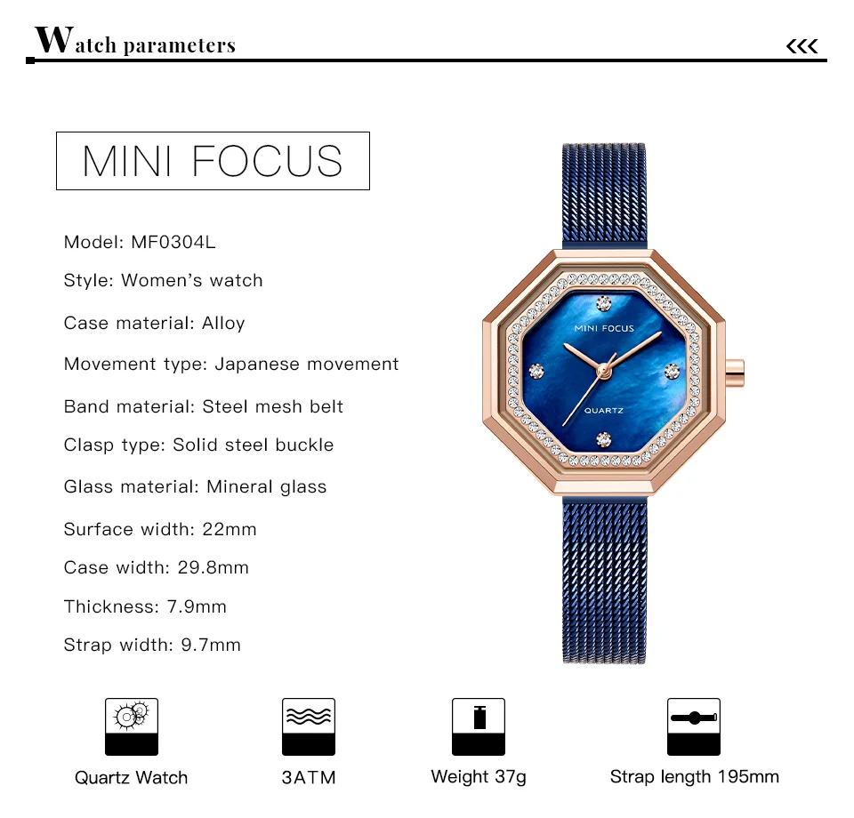 MINI FOCUS Diamond Brand Luxury Fashion Women Quartz Watch – Blue Lady Watch Waterproof Girl Clock