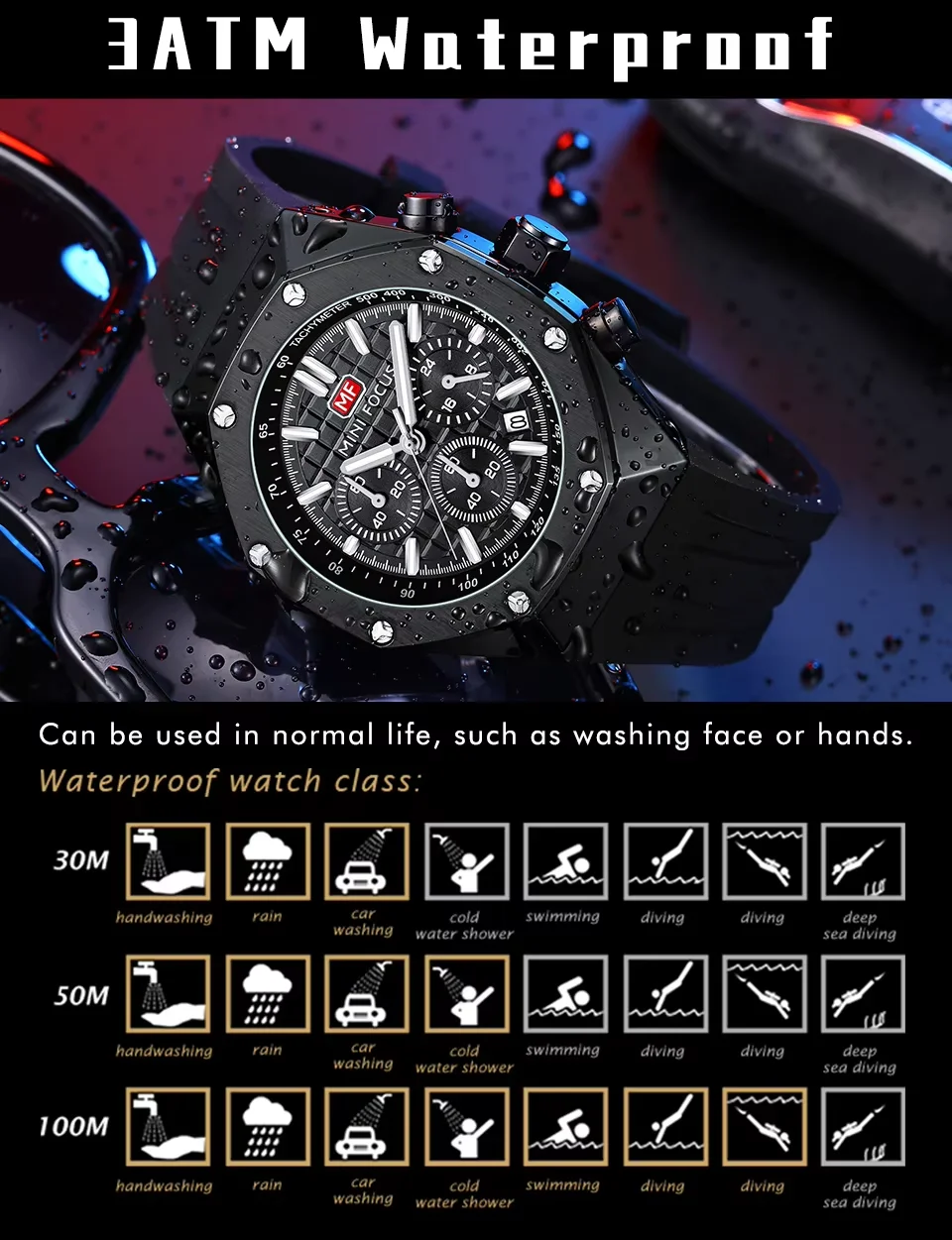 Sport Chronograph Quartz Watch for Men Waterproof Silicone Wristwatch by MINI FOCUS