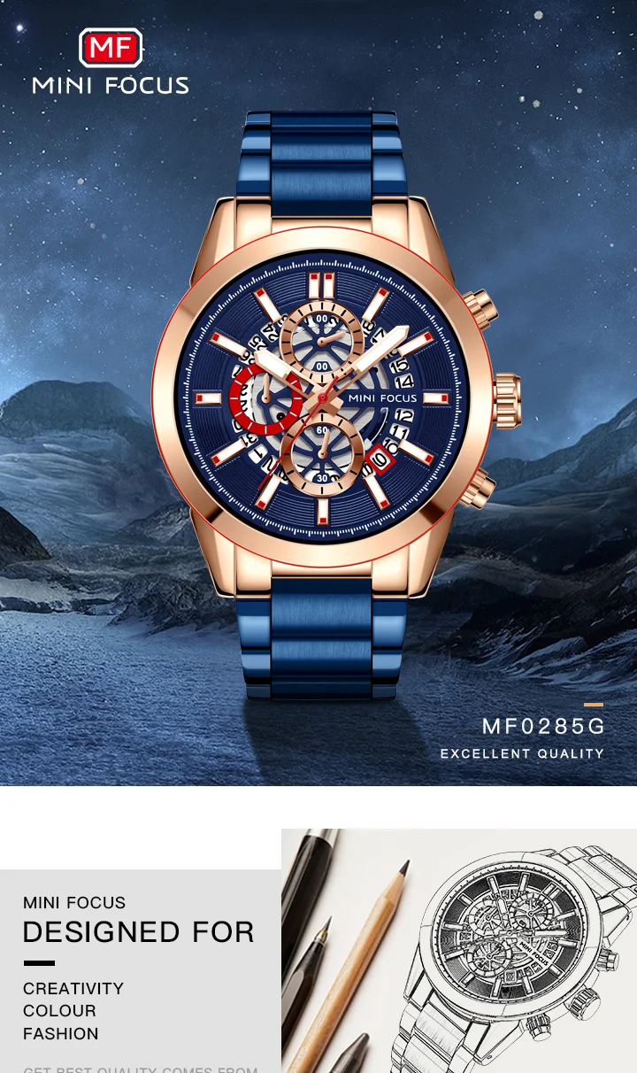Mini Focus Racing Style Men's Watch Car Wheel Design Quartz Chronograph Stainless Steel Chain
