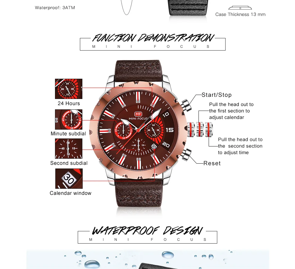 Mini Focus MF0079G Luxury Men's Chronograph Watch | Big Dial Leather Strap Quartz Business Wristwatch OEM Wholesale