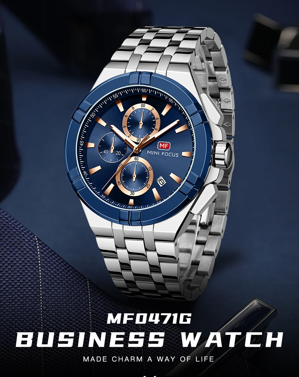 Mini Focus Top Sale Men’s Sports Chronometer Quartz Watch with Stainless Steel Band for Wholesale
