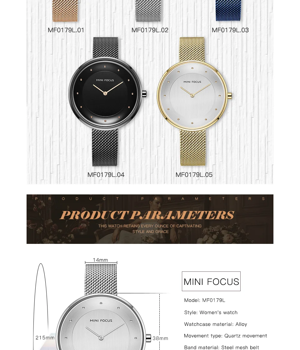 MINI FOCUS MF0179L Rose Gold Women’s Quartz Watch | Ultra Thin Mesh Strap Fashion Watch Factory OEM