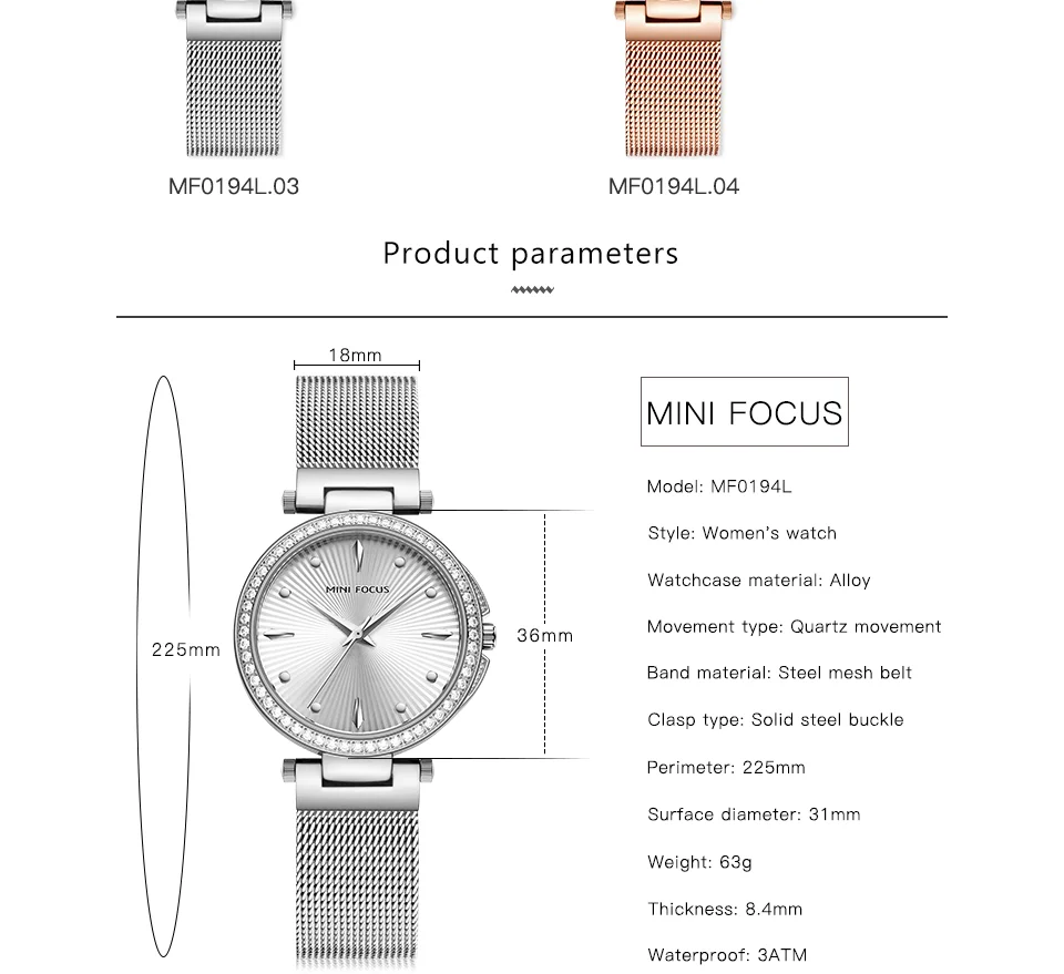 Mini Focus MF0194L Women’s Diamond Quartz Watch | Unique Mesh Band Design | Factory Wholesale