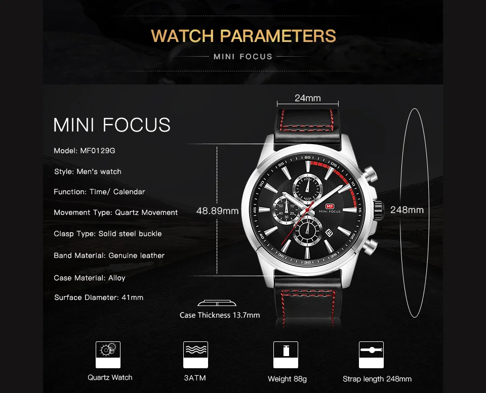 Mini Focus MF0129G Men’s Luxury Chronograph Watch | Sporty Leather Strap Quartz with Date | Factory Direct Wholesale
