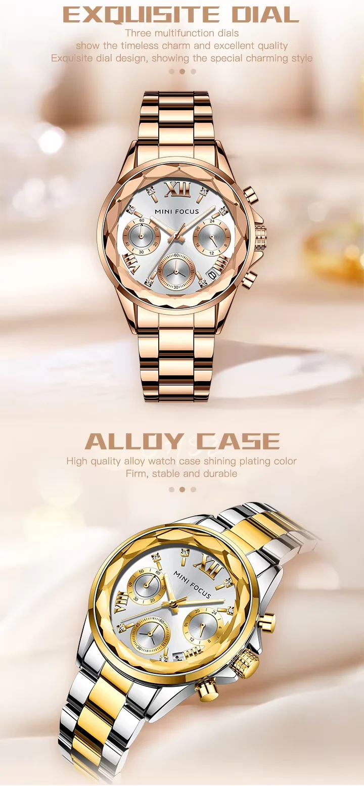 High-End Ladies Chronograph Watch &ndash; MINI FOCUS MF0466L Stainless Steel Strap  3 ATM Waterproof