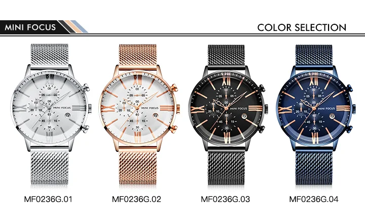 Mini Focus MF0236G Men’s Sports Quartz Watch | Chronograph Waterproof Stainless Steel Mesh Band