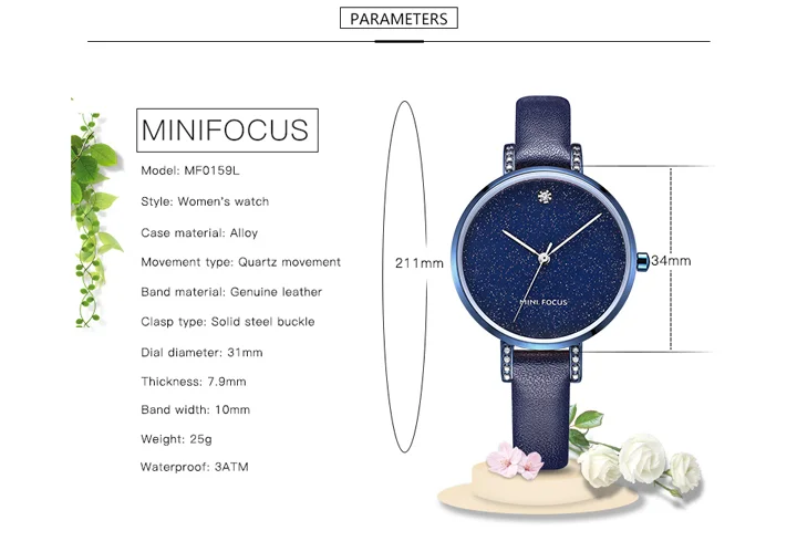 MINI FOCUS MF0159L Women’s Luxury Quartz Watch | Blue Leather Strap Elegant Iced-Out Ladies Wrist Watch with Box
