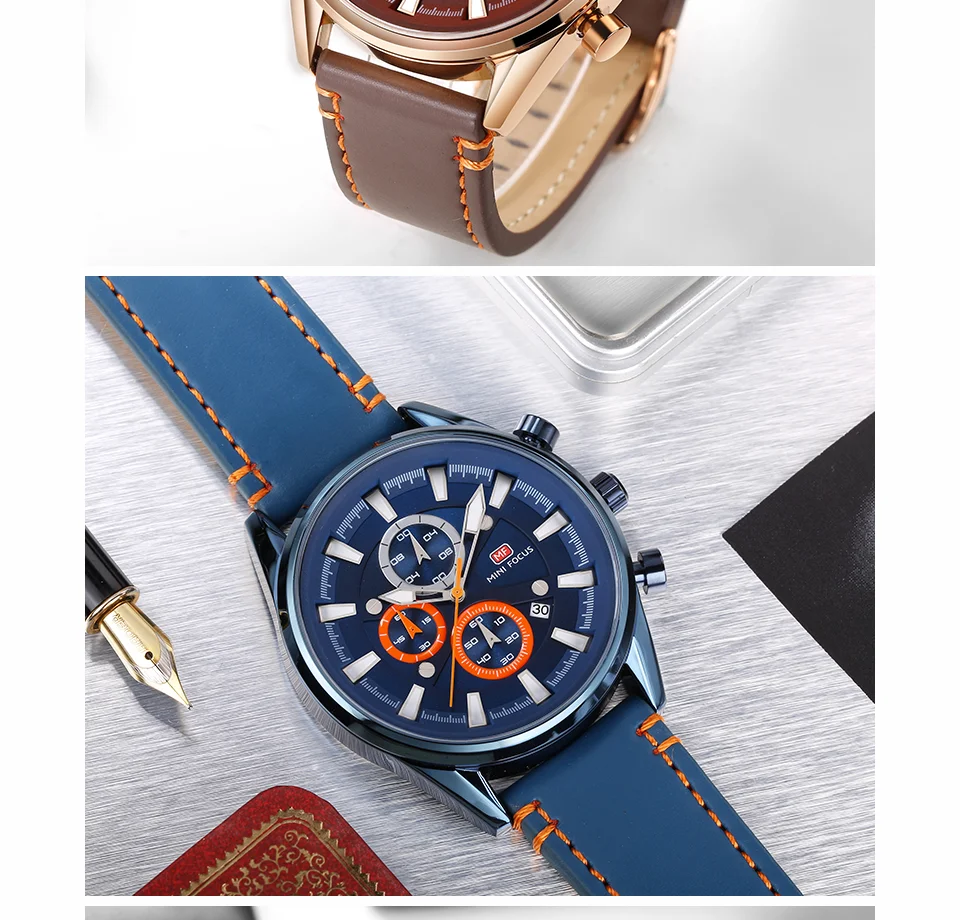 Mini Focus MF0083G Men's Fashion Watch | Genuine Leather Strap, Luminous Hands, Waterproof Quartz Movement, ODM Available