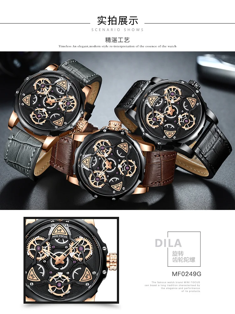 MINI FOCUS MF0249G Mechanical Style Men's Hand Watch | Hollow Out Design Leather Strap Casual Wrist Watch