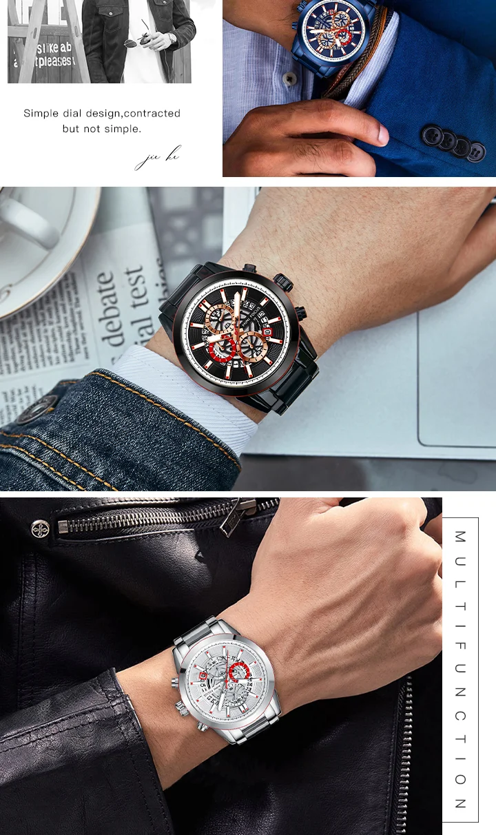 Mini Focus Racing Style Men's Watch Car Wheel Design Quartz Chronograph Stainless Steel Chain