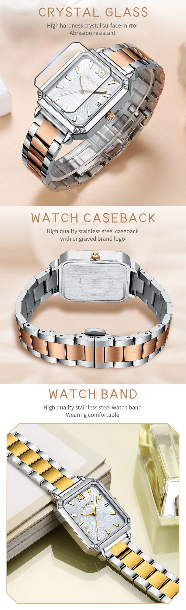 Elegant Square Ladies Watch – MINI FOCUS MF0472L Stainless Steel Strap Date Display Quartz Wristwatch