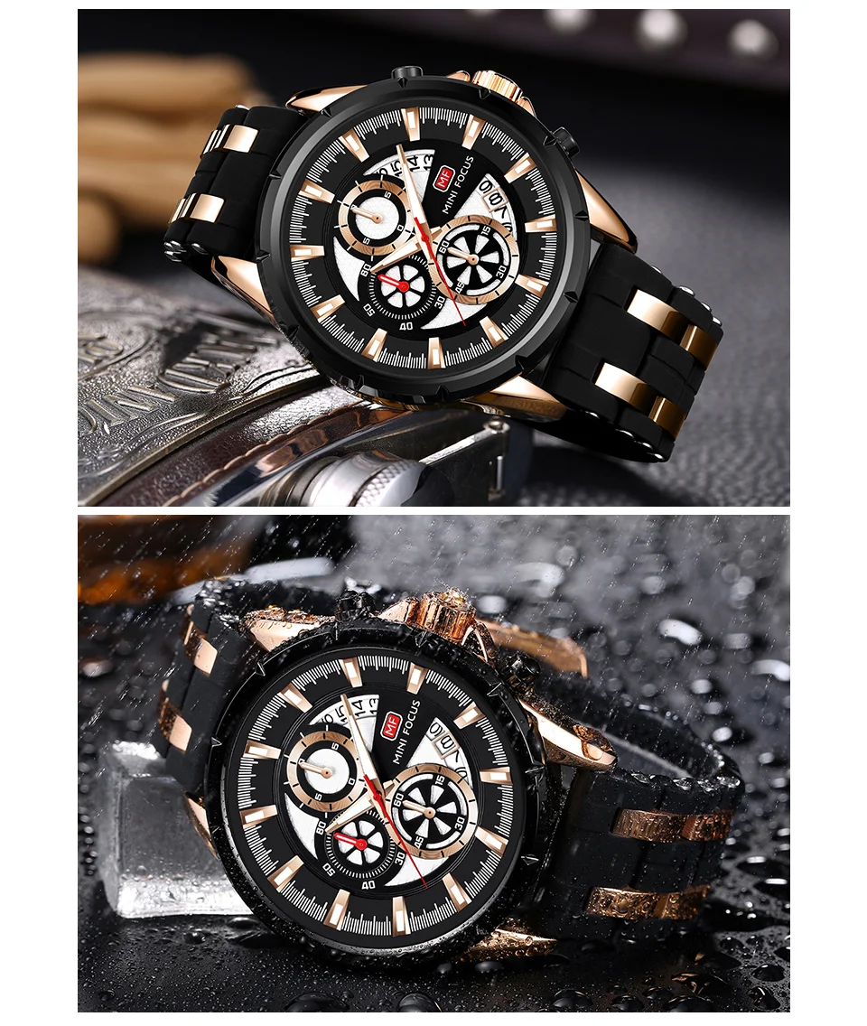 Mini Focus Men Sports Quartz Watches Luminous Hands Waterproof Chronograph Calendar Silicone Strap Fashion Watch