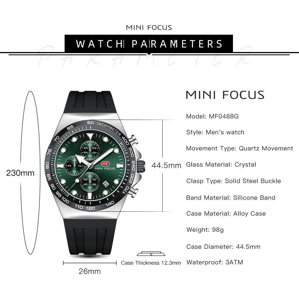 MINI FOCUS Dial Date Men’s Chronograph Sports Quartz Watch with Silicone Strap for Wholesale