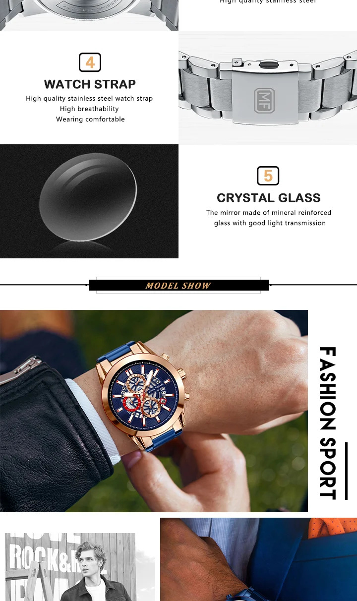 Mini Focus Racing Style Men's Watch Car Wheel Design Quartz Chronograph Stainless Steel Chain