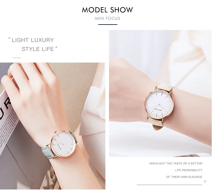 MINI FOCUS Hot Sell Blue Lady Quartz Watch Excel Leather Band Waterproof Analog Display Big Casual Hand Watch