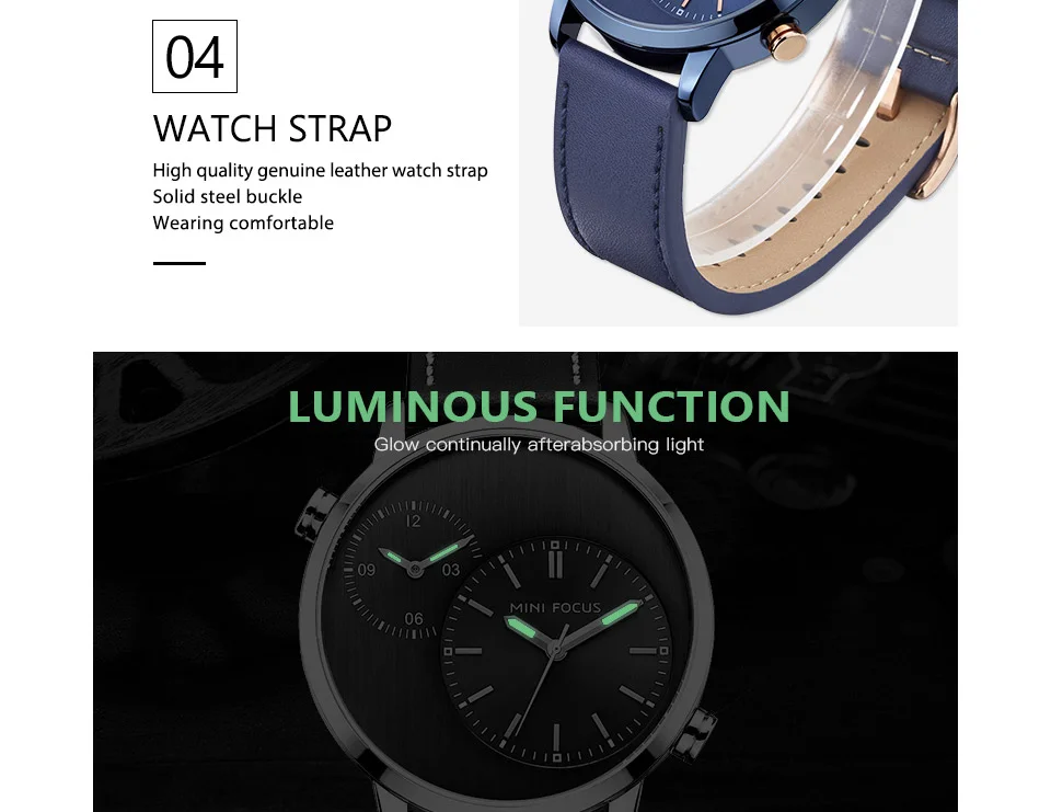 Mini Focus MF0035G Men’s Business Watch | Blue Dial Leather Strap Quartz Calendar | China Factory Wholesale