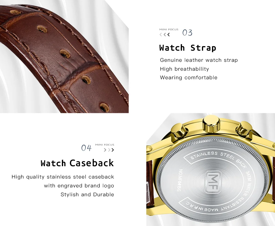 Fashion Leather Chronograph Watch for Men Classic Quartz Wristwatch by MINI FOCUS Wholesale 