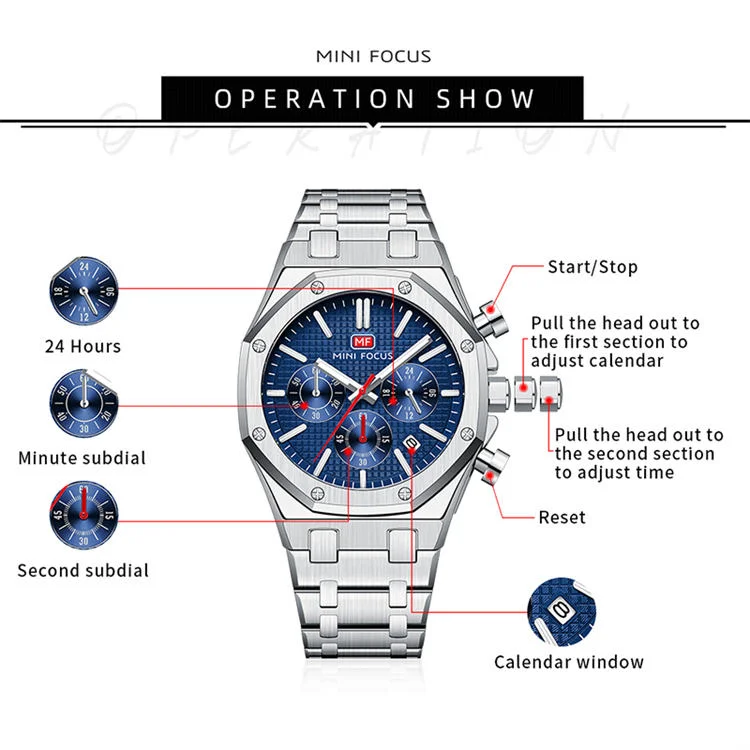 MINI FOCUS 0609 Elegance Men's Quartz Watch Stainless Steel, Luminous Chronometer for Business