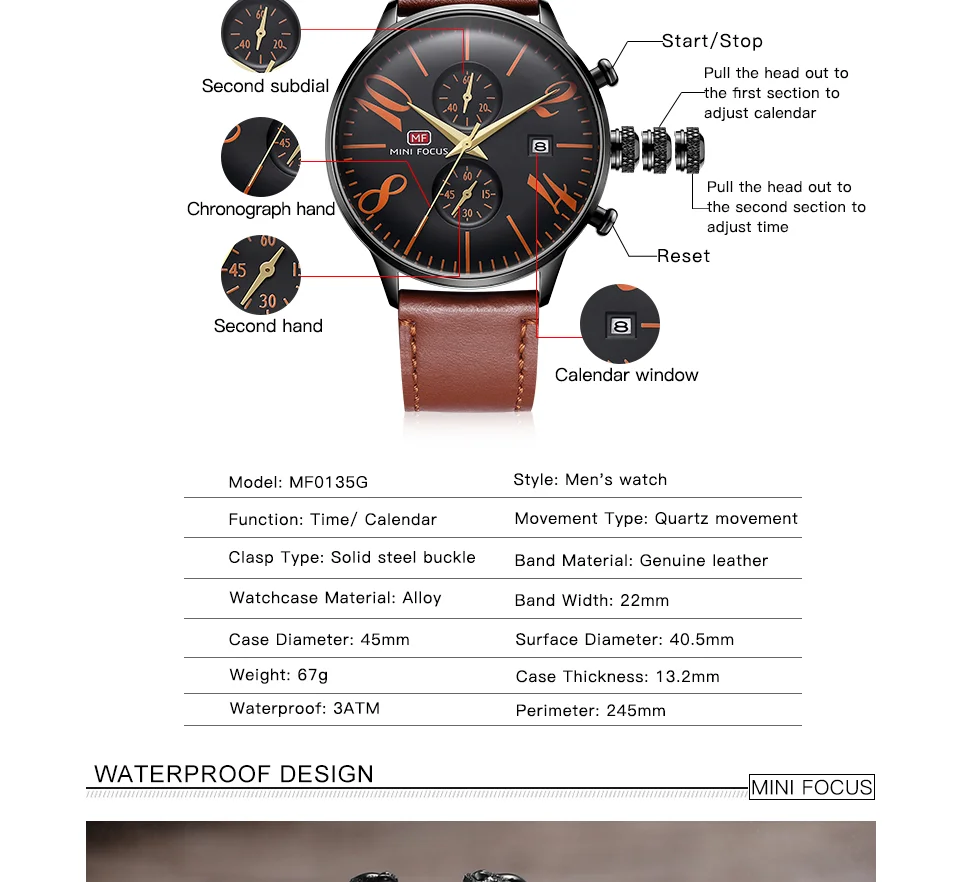 Reloj Hombre MINI FOCUS MF0135G | Cronógrafo de Cuarzo, Resistente al Agua, Correa de Cuero