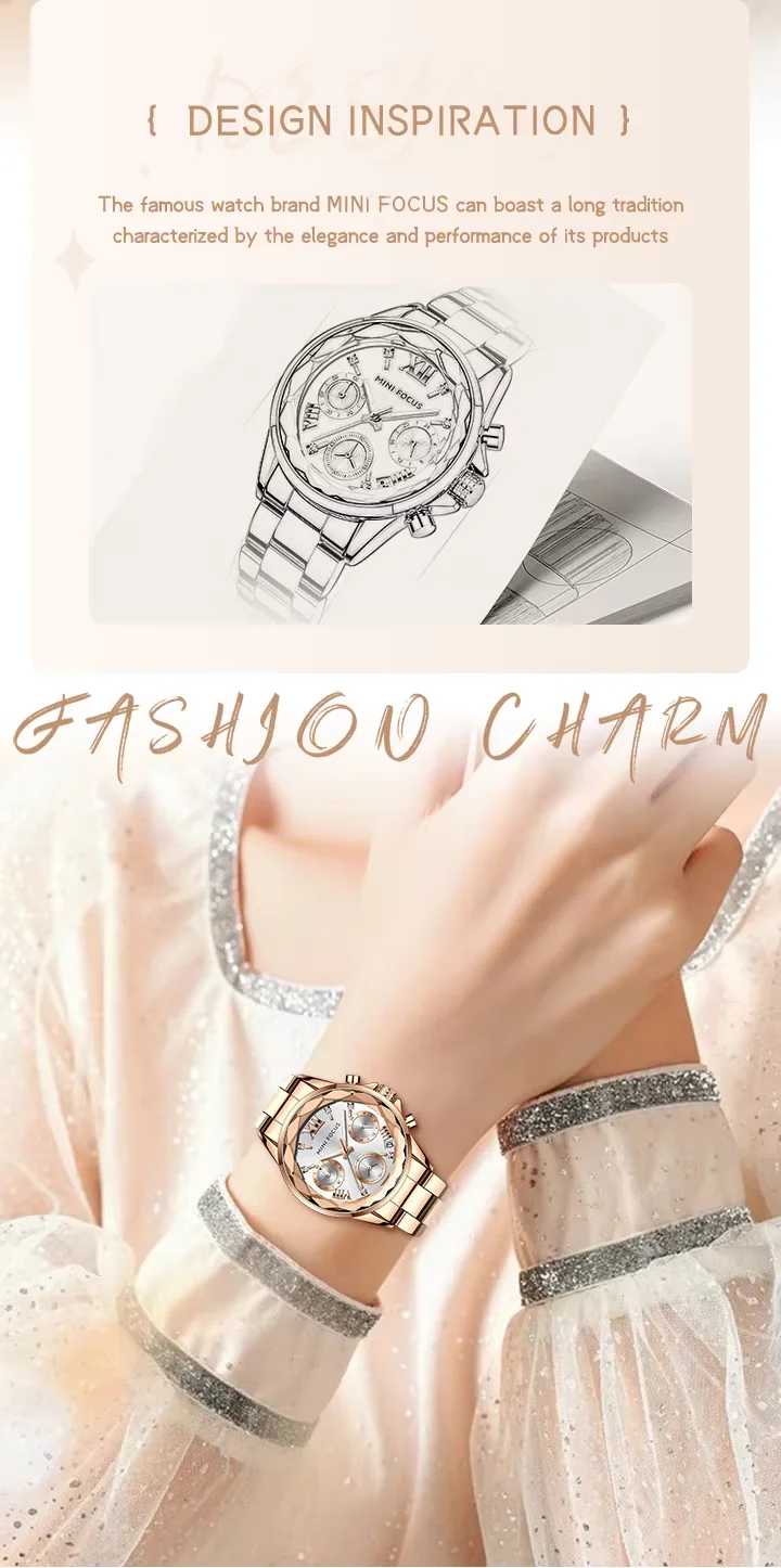 High-End Ladies Chronograph Watch &ndash; MINI FOCUS MF0466L Stainless Steel Strap  3 ATM Waterproof