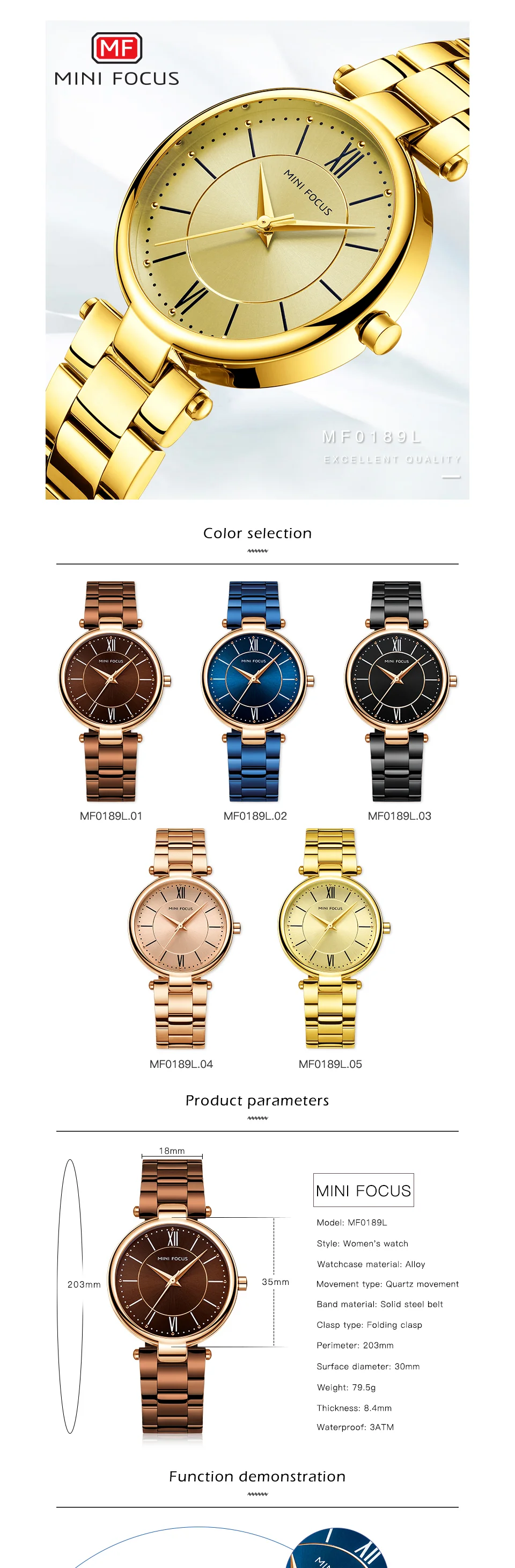 Mini Focus MF0189L Women’s Luxury Quartz Watch | Stainless Steel Strap Waterproof Elegant Dress Watch