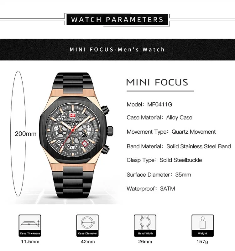 New Arrival Men's Quartz Watch Chronograph, Stainless Steel Band MINI FOCUS Wholesale Supplier