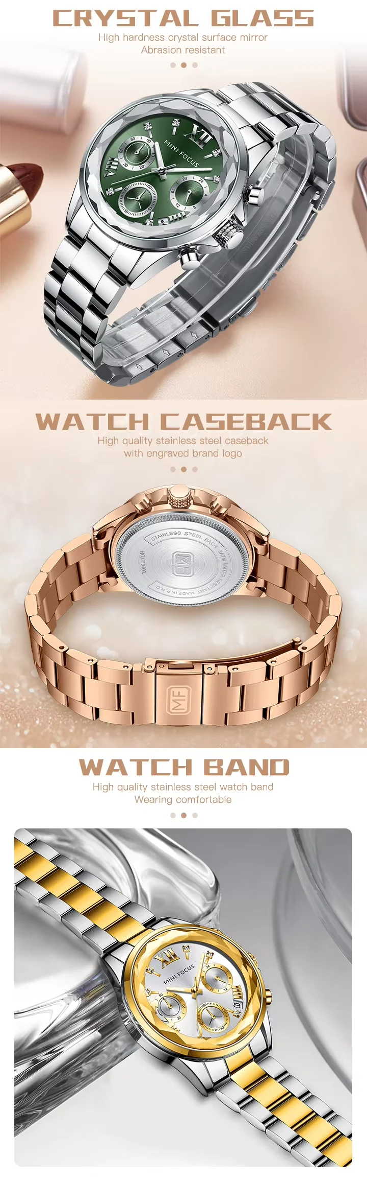 High-End Ladies Chronograph Watch &ndash; MINI FOCUS MF0466L Stainless Steel Strap  3 ATM Waterproof