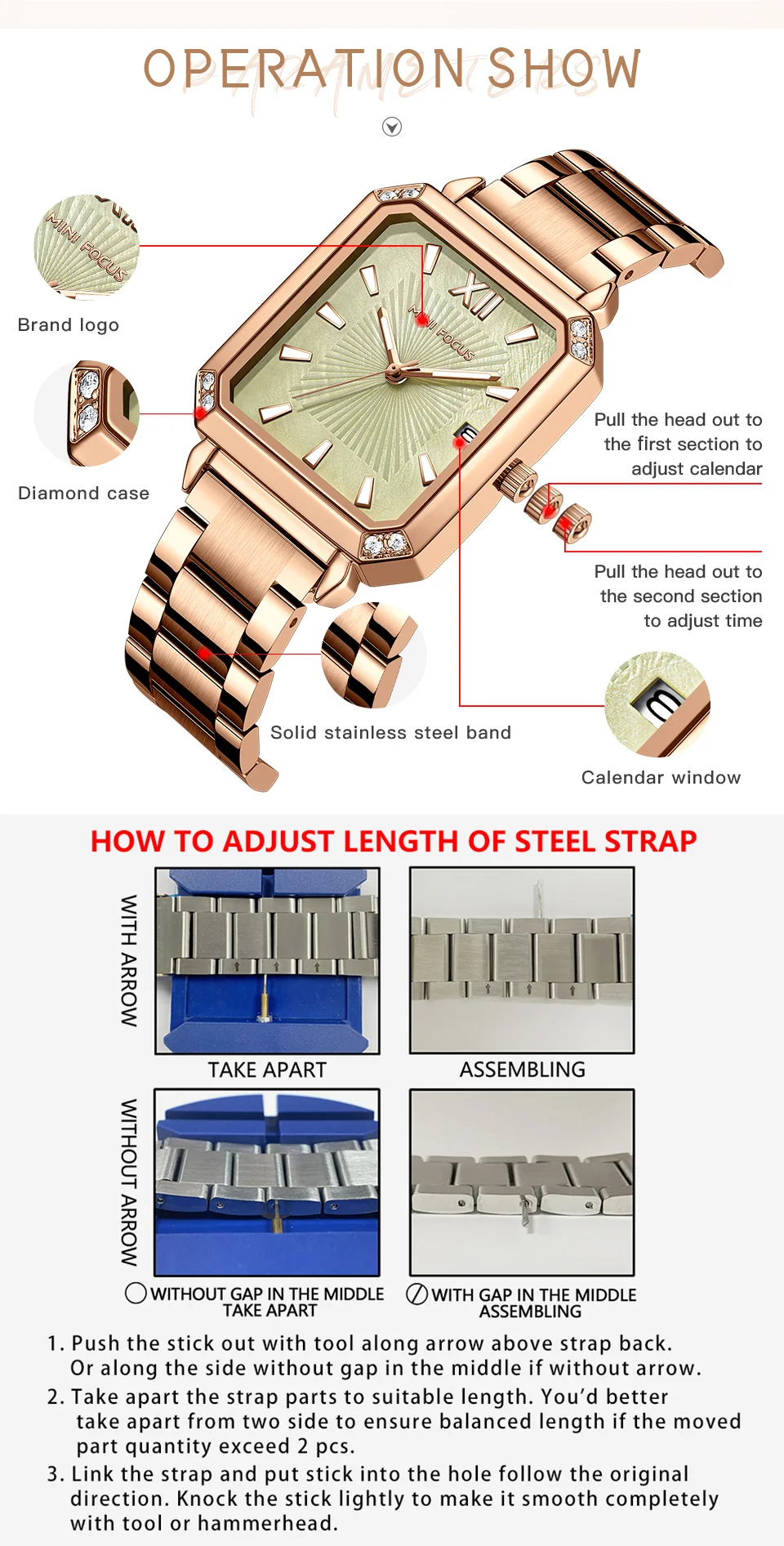 Elegant Square Ladies Watch – MINI FOCUS MF0472L Stainless Steel Strap Date Display Quartz Wristwatch