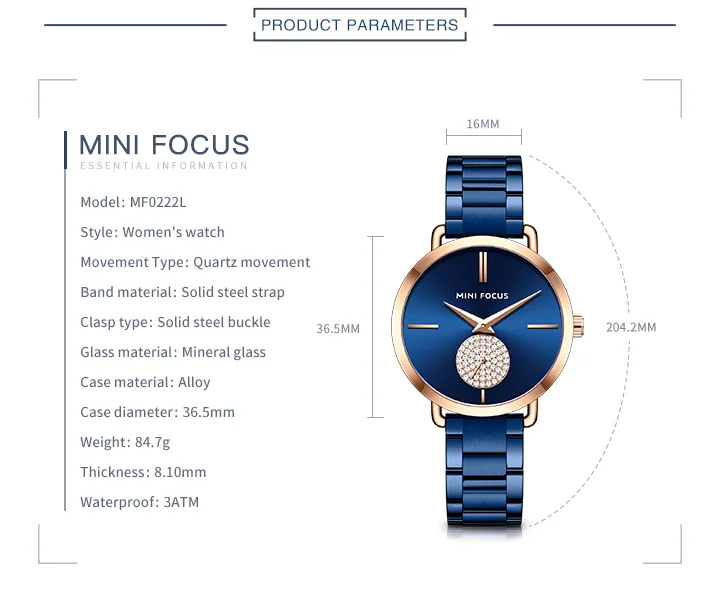 MINI FOCUS MF0222L Fashion Rose Gold Women’s Watch | Luxury Waterproof Steel Wristwatch Factory Wholesale