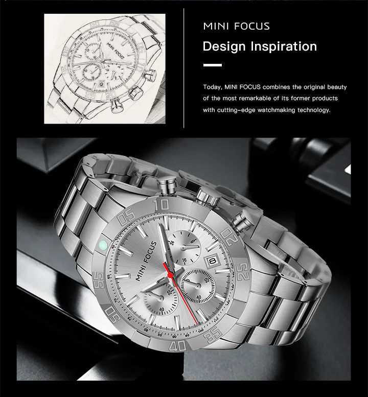 MINI FOCUS Business Chronograph Quartz Watch for Men Stainless Steel Wristwatch